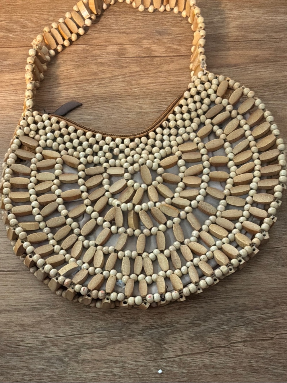Handcrafted Crescent Beaded Shoulder Bag - Beige